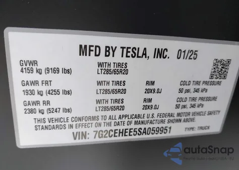 2025 Tesla Cybertruck Cyberbeast из США, поврежденный, VIN 7G2CEHEE5SA059951